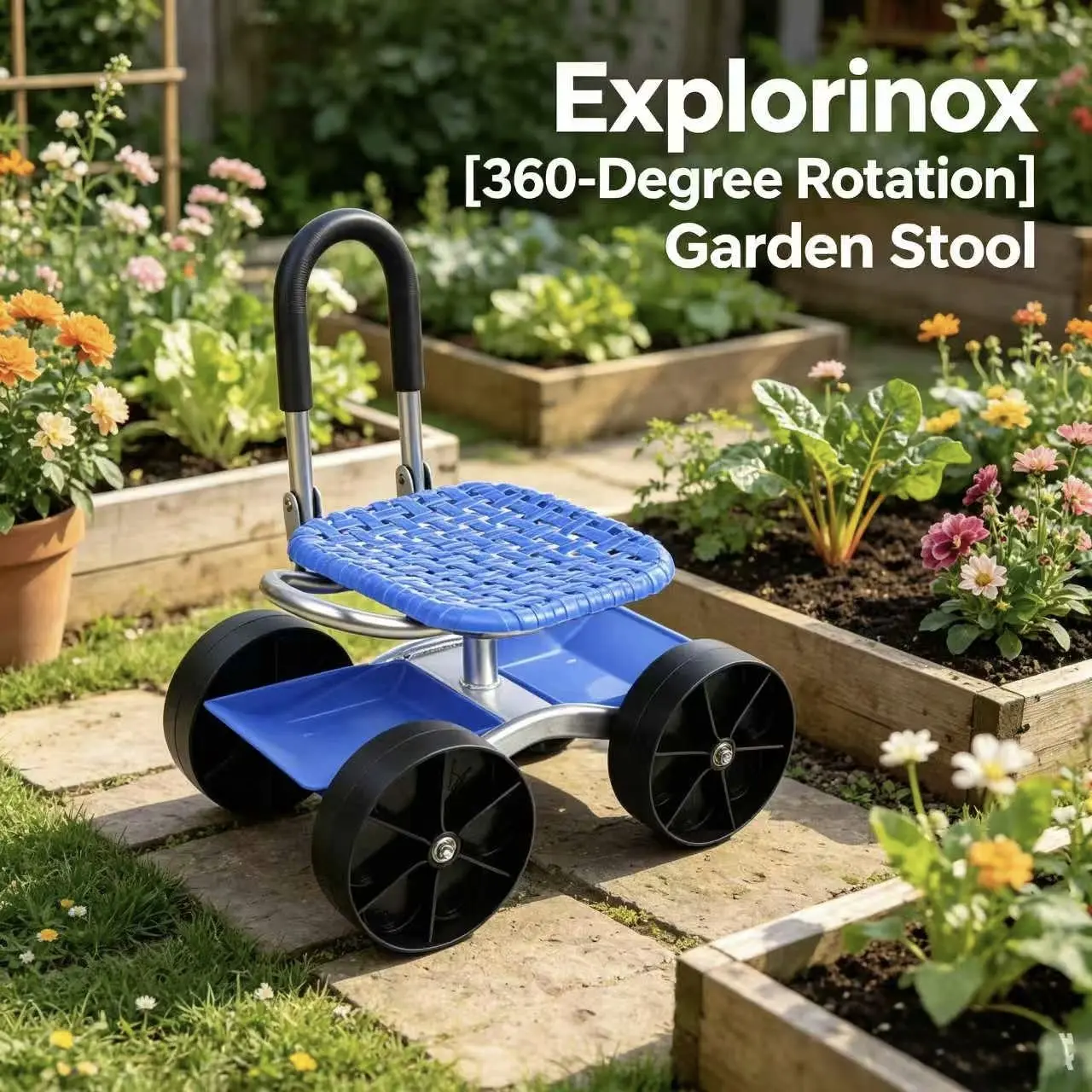 Explorinox Swivel Rolling Garden Seat for Adults with Storage Shelf - Adjustable Height (45Cm - 60Cm), 31cm/12.2" Flat Wheels, 47cm/18.5" Foldable Utility Stool for Planting, Weeding