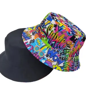 Graffiti Print Bucket Hat Unisex 100% Polyester Lightweight Fabric Hand Washable Handmade Printing Tie-Dye Pattern Reversible Closure All-Season Outdoor Fashion Accessory for New Year Celebration
