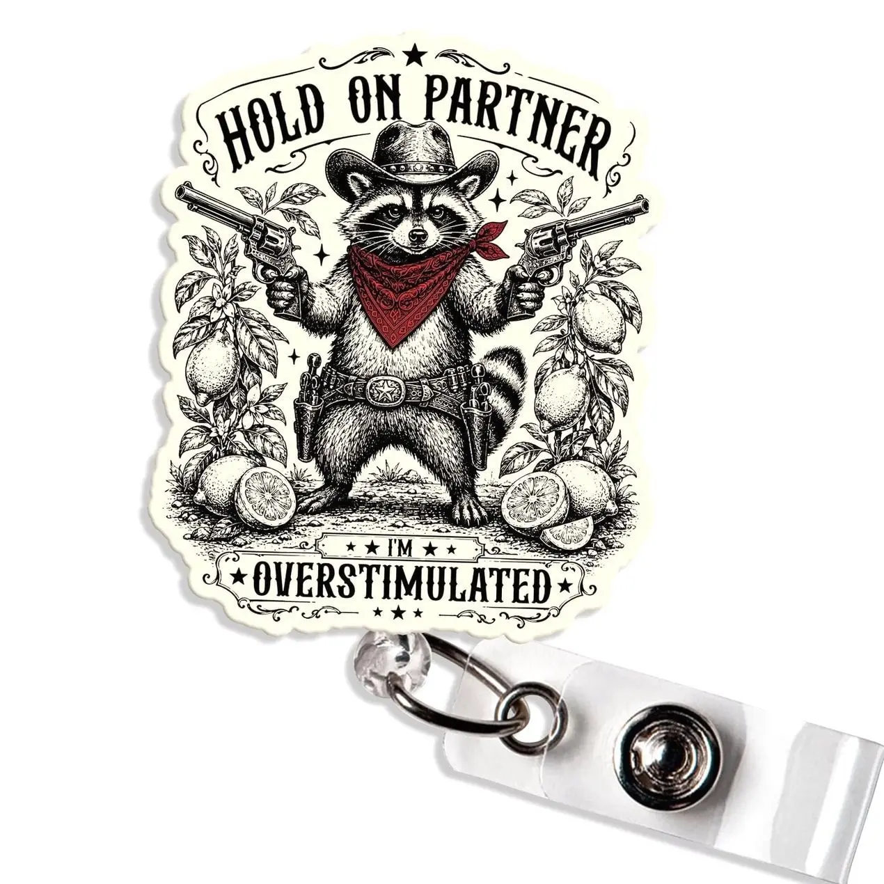Lightweight Clip-On Back Funny Cowboy Western Country Raccoon Badge Reel, Handmade Look ID Badge Holder with Personal Touch, Gift for Nurses Teachers, Id Badges