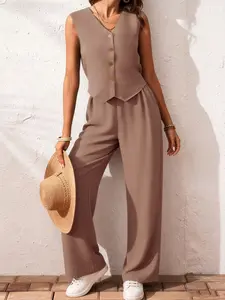 Women's Fashion Chic Minimalist Sleeveless Vest and Wide Leg Pants Set, Lightweight Pleated Tank Top + High Waist Flowy Long Pants Two-Piece Clothes