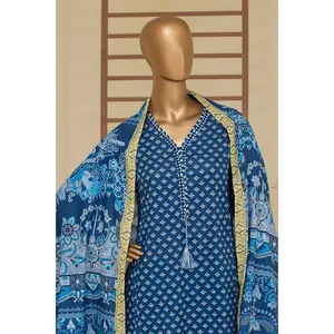 Indigo Bliss 3-Piece Stitched Printed Cambric Cotton Set