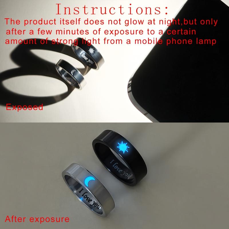 Glow-in-the-Dark Moon and Sun Love Rings - Minimalist 201 Stainless Steel Couple Jewelry, Romantic Gift for Valentine'S Day, Anniversaries, Birthdays, Valentine'S Day Jewelry|Minimalist Style|Durable Rings, Love Rings