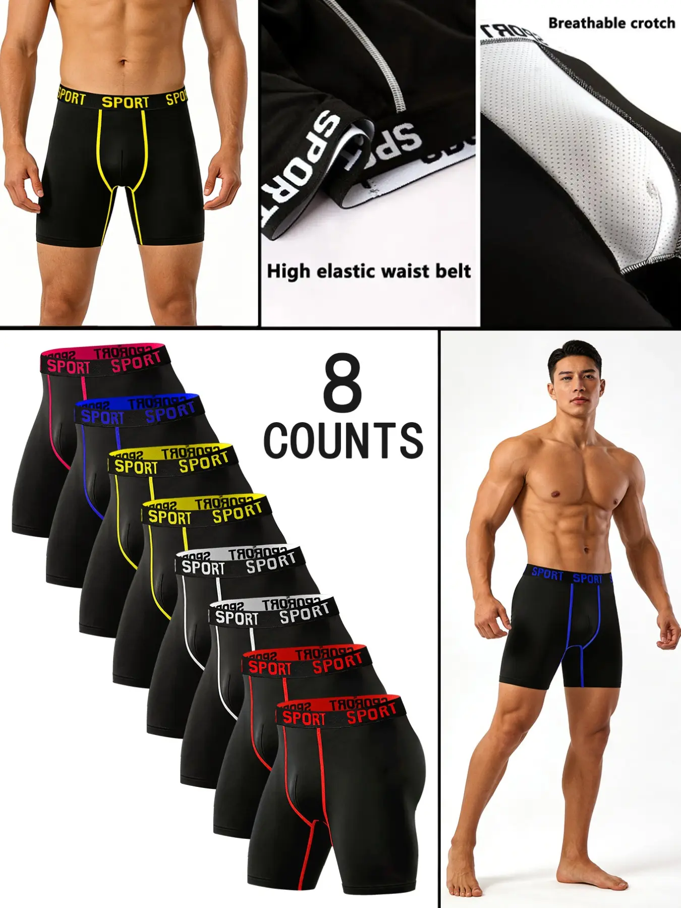 8 pcs Men's long flat cornered underwear, Comfortable and breathable underwear, Lightweight and soft, sporty, Athletic men's underwear, Suitable for home wear, Durable and casual, Suitable for fitness boxing, Workout Gym Underwear, Sports Underwear