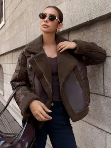 Women's Fall Winter Fur Coat, Stand Collar Warm Top, Motorcycle Style Patchwork Short Jacket, Casual Fitted Long Sleeve Outerwear