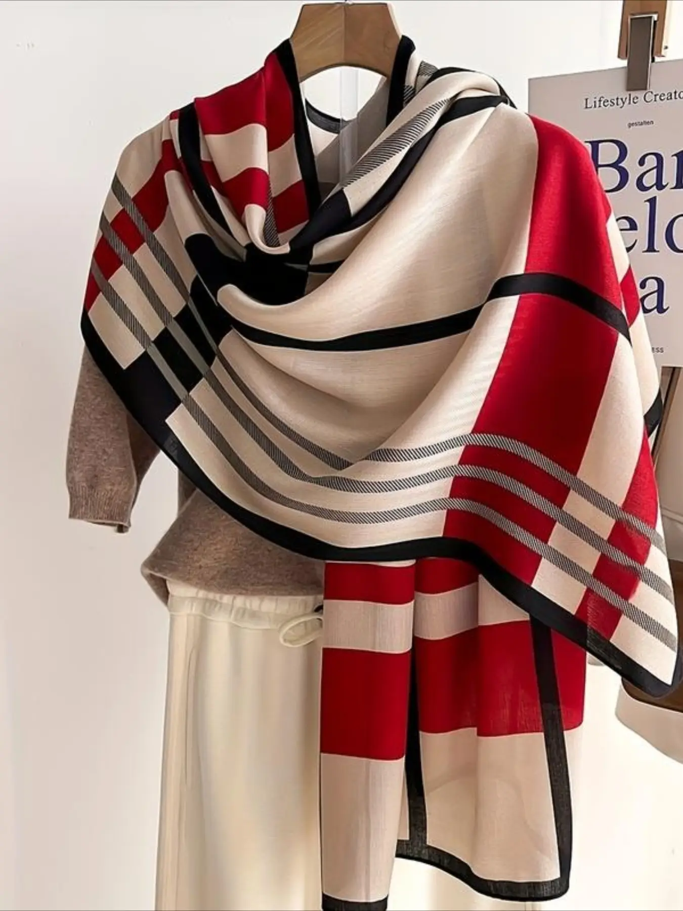 [Soft Scarf] Soft Warm Color Block Striped |   Faux Shawl Wrap Shawl for Women Casual Outdoors Checkered Scarf Boho Style Scarf