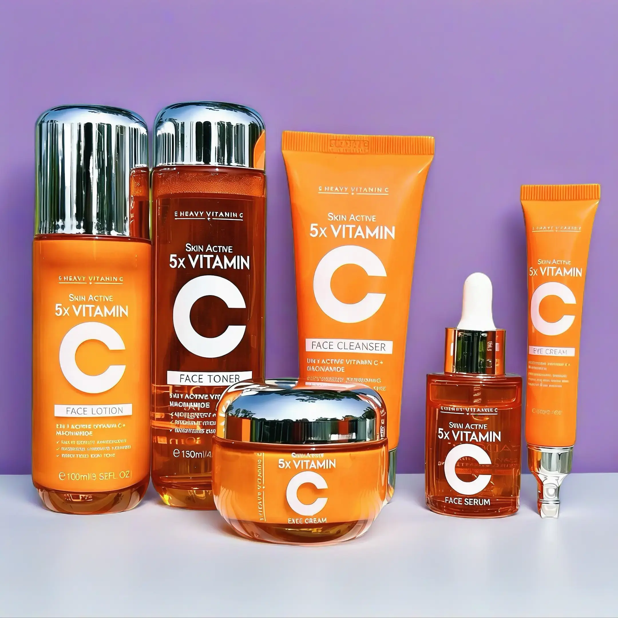 Unisex 5X Vitamin C Travel Size Facial Care Set - Single Item Cleanser, Toner, Serum, Moisturizer, Eye Cream for Normal Adults - Gentle Cleansing, Hydrating, Moisturizing Daily Skincare Kit