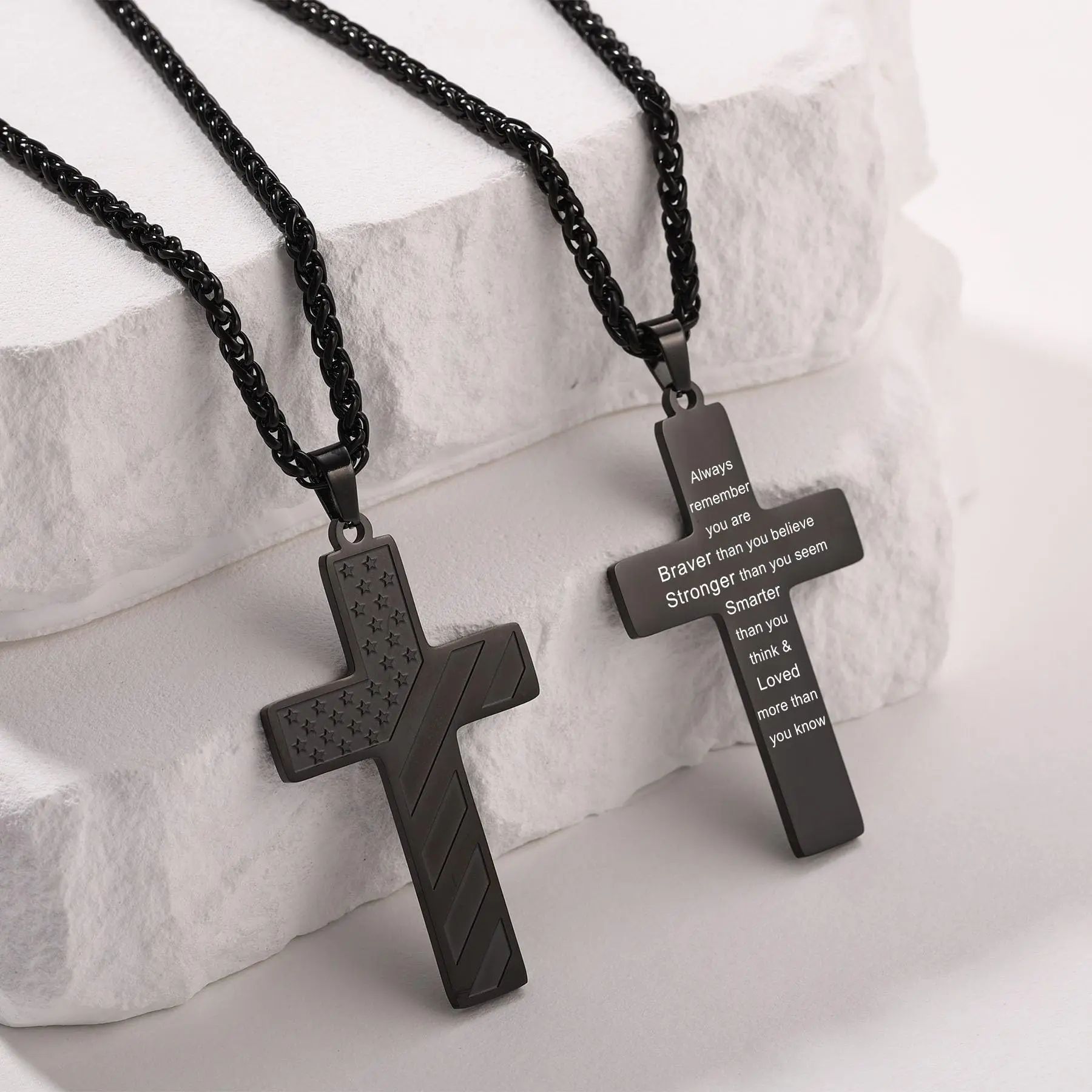 Cross Necklace with Bible Verse & American Flag Pendant – Stainless Steel Men's Jewelry Gift | Faith-Inspired, Bold & Patriotic Chain for Him