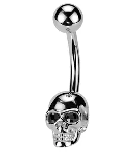 Skull Black CZ Stainless Steel Belly Button Ring