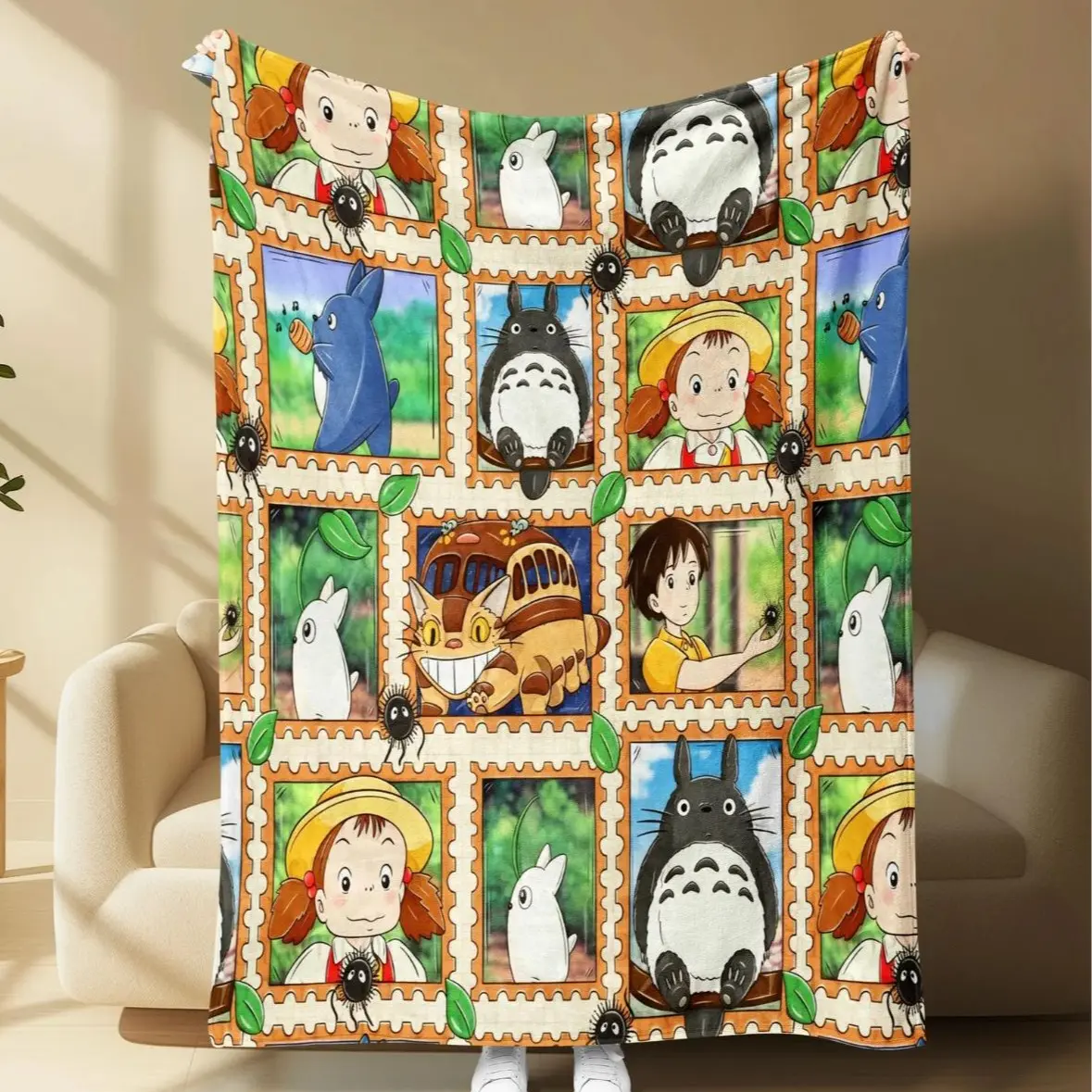My Neighbor Totoro & Ponyo Flannel Throw Blanket - Stamp Print Design Flannel Blankets,GhibliBlanket ,Totoro ,Ponyo ,CatBus ,StudioGhibli ,AnimeBlanket ,StampStyle, Cute Character Blankets, Anime-Style Blankets