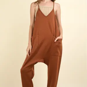 Knit Jumpsuit, Baggy Loose Fit, Sleevless, Spaghetti Strap, Front Pocket, Causal Style