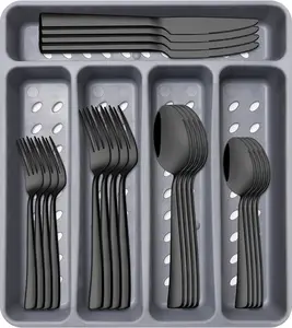 21- Modern Black Silverware Set with Organizer Tray Stainless Steel Eating Utensil Sets Kitchen  Forks and Spoons Cutlery Set Heavy Duty Tableware Flatware Sets for 4, Dishwasher Safe