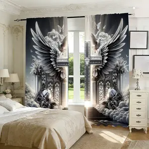 2pc Sacred Angel Wings Luxurious Transparent Curtains, Vintage Church Wing Print, Lightweight Breathable Easy Care, Living Room Bedroom Decor