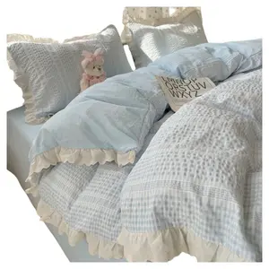 Korean Style Yarn Dyed Washed Cotton Bedding Set - 4-Piece, Soft, Princess Vibe, Jacquard Lace, Multi-Sizes Duvet Cover & Sheet Set for Summer