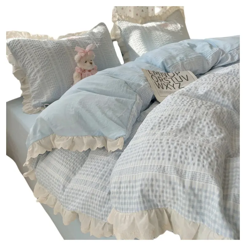 Korean Style 4-Piece Cooling Solid Bedding Set - Yarn Dyed Washed Cotton, Breathable, Jacquard Lace Duvet Cover & Sheet Set, Soft Princess Vibe, Multi-Sizes for Summer Use, Yarn Dyed Jacquard