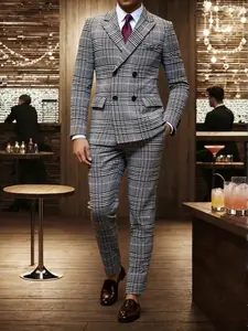 Men's 2 Piece Suit Set, British Style Textured Double-Breasted Jacket and Pants, Casual Business Commute Wedding Party Evening Dress