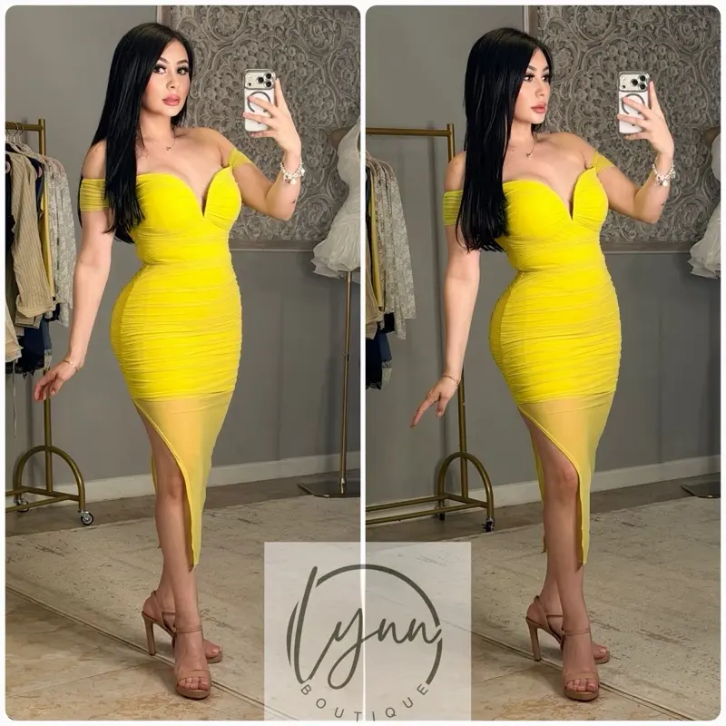 Lady's Lime Green Mesh Midi Dress, Women's Clothing Suit with Sleeve & Blouse Style