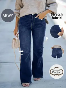 Women's Casual Denim Jeans Pants, High Waist Wide Leg Fitted Button Design, Comfortable & Stylish Daily Wear, Perfect for Travel & Outdoors