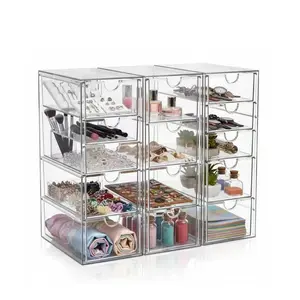 13-Drawer Makeup Organizer 3-Piece Clear Desk Storage Box for Cosmetics Jewelry Pens & Office Supplies, Transparent Acrylic Storage Containers Set