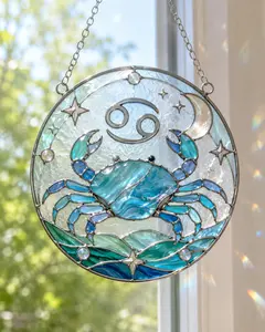 Cancer Zodiac Crab Stained Glass Suncatcher Celestial Astrological Sign Window Hanging Decor Ornament, Premium Iridescent Art Glass Wall Decor Birthday Gift