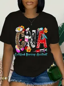 Plus Size - Plus Size - Certified Nursing Assistant CNA Shirt with Icons and Floral Design| Casual Crew Neck Pullover for Healthcare Professionals, Short Sleeve, Slight Stretch Fabric