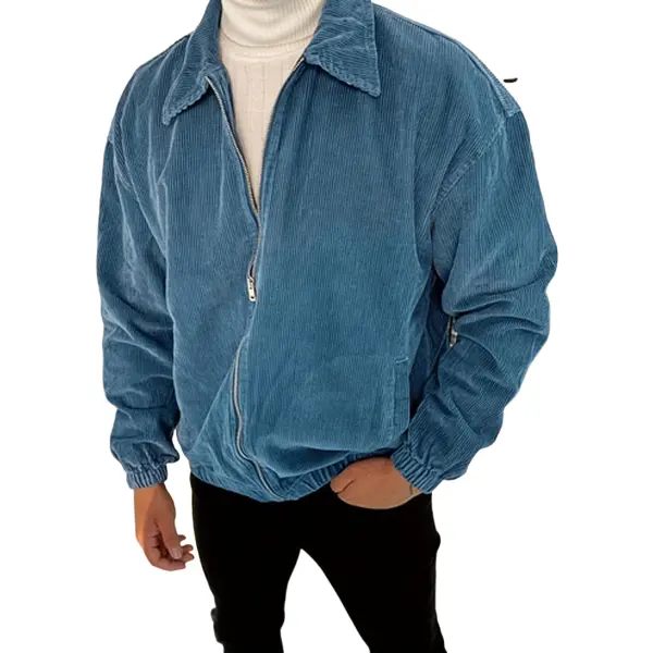 Men's Blue Corduroy Zip Jacket, Vintage Washed Casual Flight Bomber Jacket