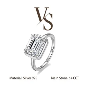 [Venus Jewelry] Synthetic Moissanite 4 CCT Emerald Cut East To West Solitare Design VVS 1 D Color Solid Silver 925 Ring