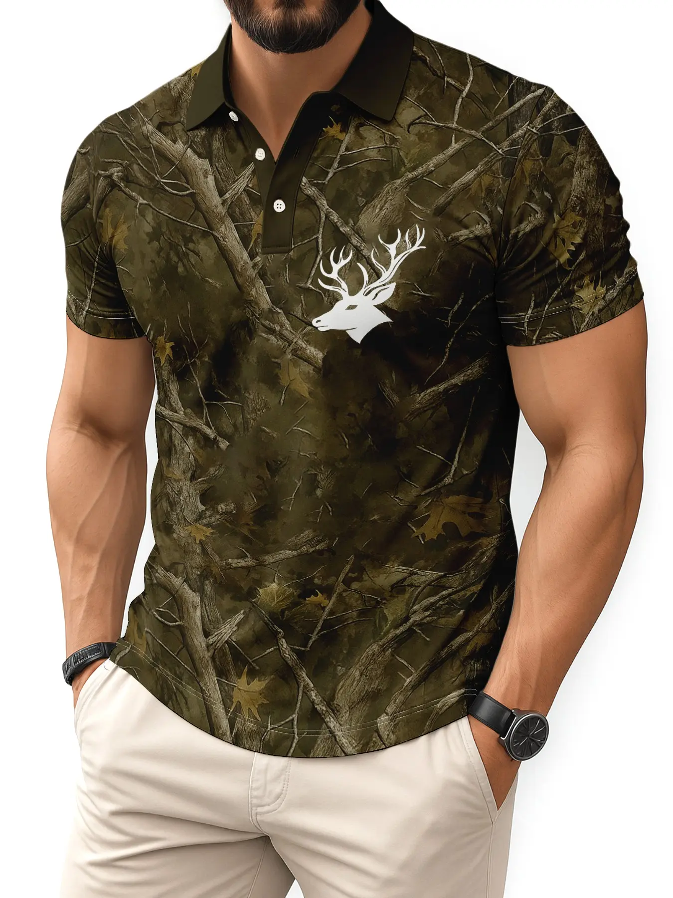 Woodland Camo Deer Polo Shirt, Outdoor Hunting Casual Top, Fitted Style, Fitted Polo Shirts, Print Pattern, Men's Fashion, Aesthetic, Comfortable Wear, Camouflage, Menswear