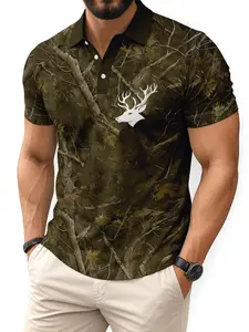 Woodland Camo Deer Polo Shirt, Outdoor Hunting Casual Top, Fitted Style, Print Pattern, Men's Fashion, Comfortable Wear, Camouflage