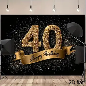 2D Flat Banner, 1pc 40Th Birthday Golden Glitter Backdrop with Number 40, Black And Golden Balloon Banner for 40 Year Man/Woman - Large Golden Confetti Party Decoration for Milestone Celebration, Photo Background