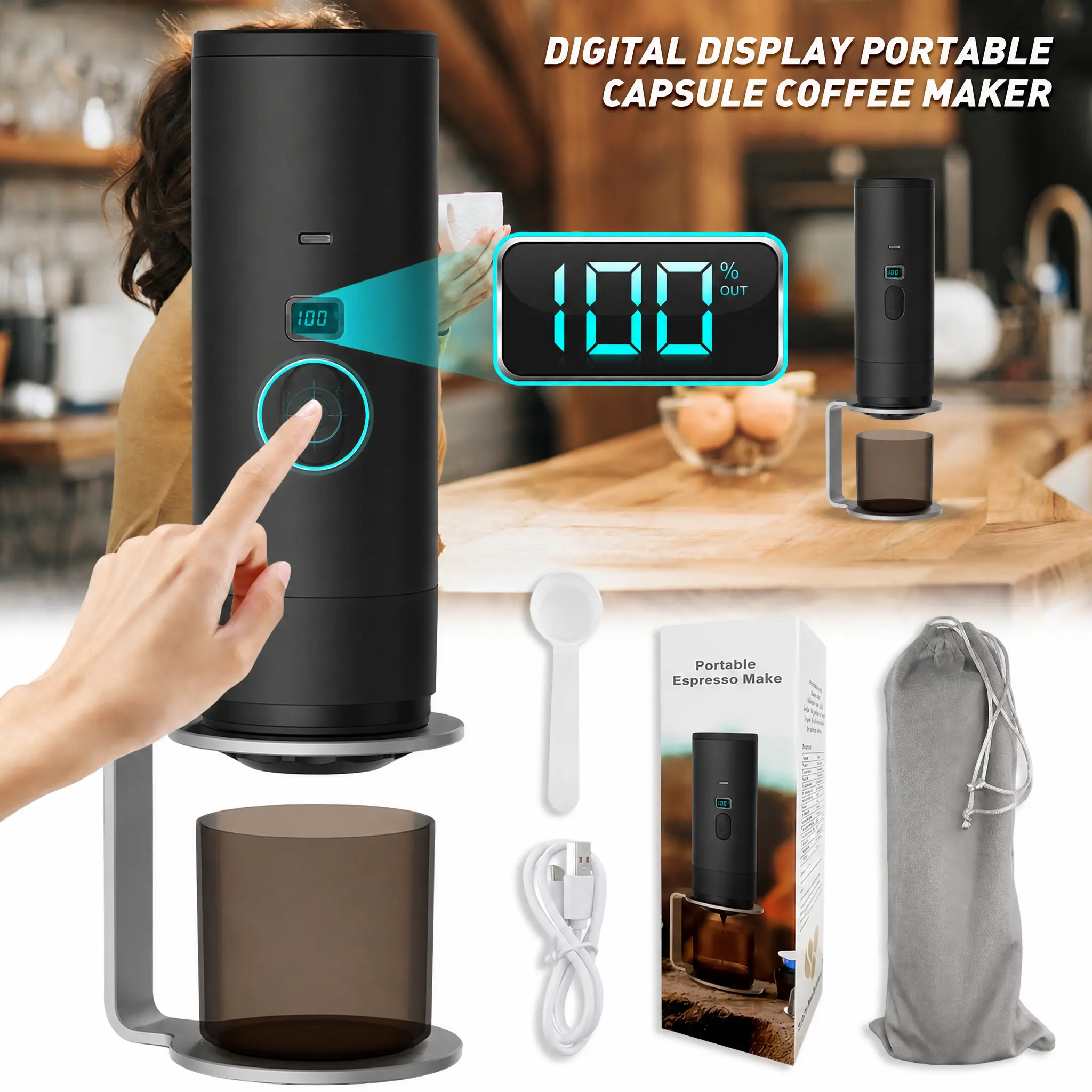 【Back to School Gift】Modern Vertical Portable Espresso Maker - 7800mAh, 4-Cup Hot Heating, 50+ Cup Hot Water Infusion, LED Digital Display, Type-C Fast Charging, Capsule-Compatible, Automatic Brew, Small Footprint, Travel Coffee Machine for Camping, RV
