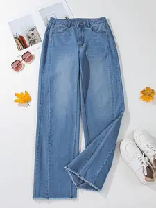 Sidefeel Women's Wide Leg Jeans High Waisted Stretchy Raw Hem Zimbaplatinum Denim Pants