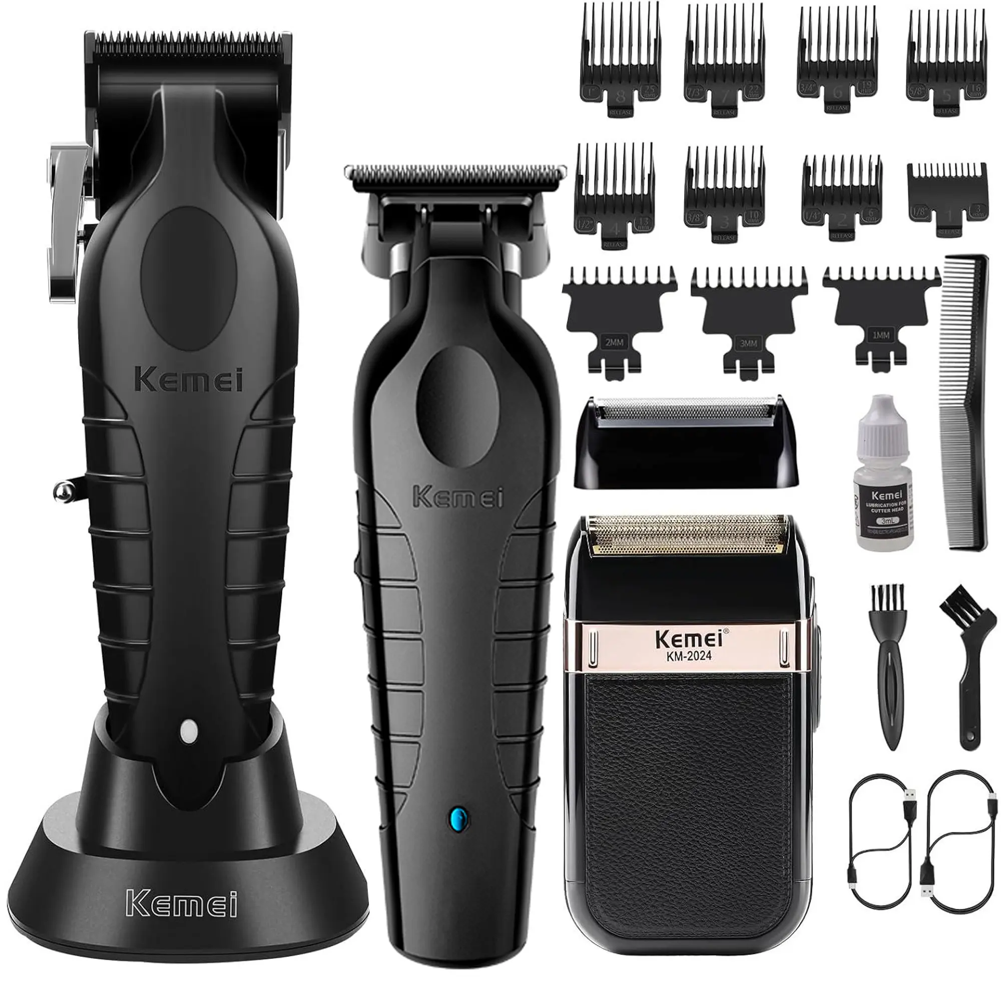 KEMEI Professional Hair Clipper Kit (KM-2299, KM-2296, KM-2024) - Cordless Rechargeable Stainless Steel USB Fade Barber Tool, Electric Shaver for Men, Short Hair Hairstyles, Beard Transformation, Home Haircut