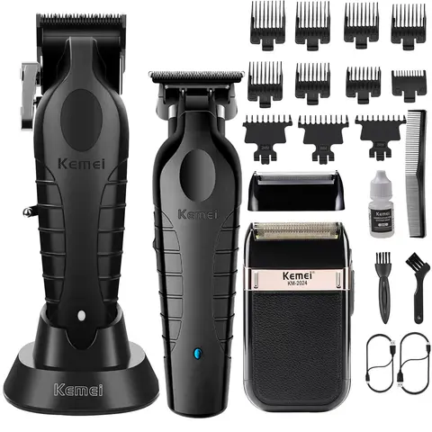 KEMEI Professional Hair Clipper Kit (KM-2299, KM-2296, KM-2024) - Cordless Rechargeable Stainless Steel USB Barber Tool, Cutting Guide, Adjustable Guard, Automatic Battery-Powered, Barber-Grade Hair Trimmers & Clippers for Men’s Home Haircut, Cutting Guid