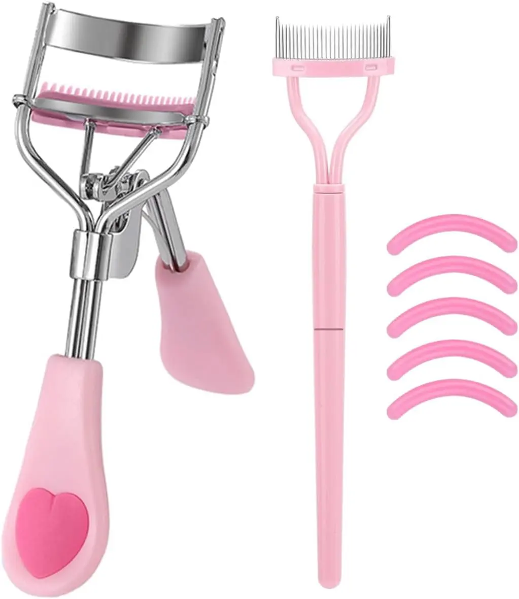 Stainless Steel Eyelash Curler with Comb and Eyelash Brush Fit Suitable for Any Eye Shapes and Sizes, with 5 Silicone Refill Pads (Light Pink Set)