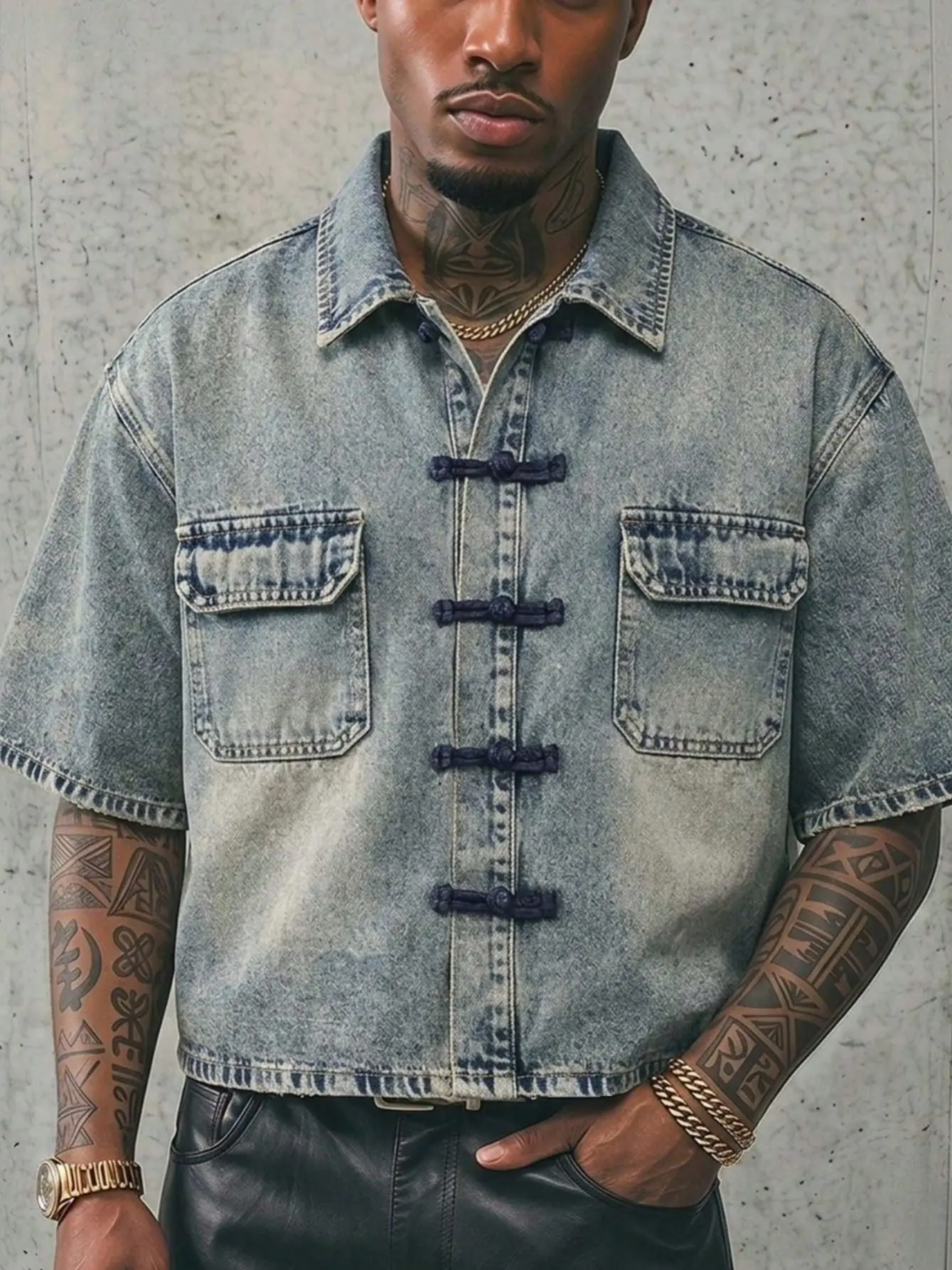 Men's Light Blue CTT Washed Denim Shirt - Short-Sleeve, Loose Fit, Button-Front, Vintage Casual, Streetwear Hip Hop Y2K Style, Classic Workwear, Pocket Detail, Comfortable Summer Outdoor Top