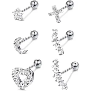 FINREZIO 6 Pcs Silvery Straight Barbells for Women Men Shining CZ Inlaid Cute Star Moon Heart Cross Tongue Piercings Set Multiple Styles Cartilage Eyebrow Nipple Piercing 316L Stainless Steel Jewelry Set for Rave Party Daily Wear