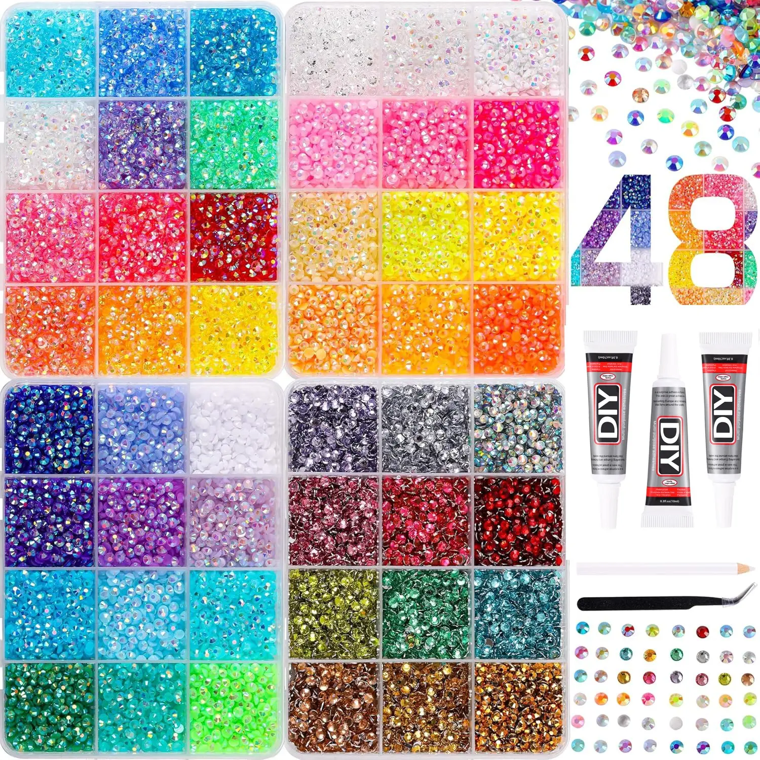 Shiny Resin Jelly Rhinestones, Multicolor Flat Back Rainbow Gems, Includes Glue and Tweezers, DIY Crafts, Nail Art, Mother's Day Gift, Rhinestone Nails, Nail Decoration Supplies