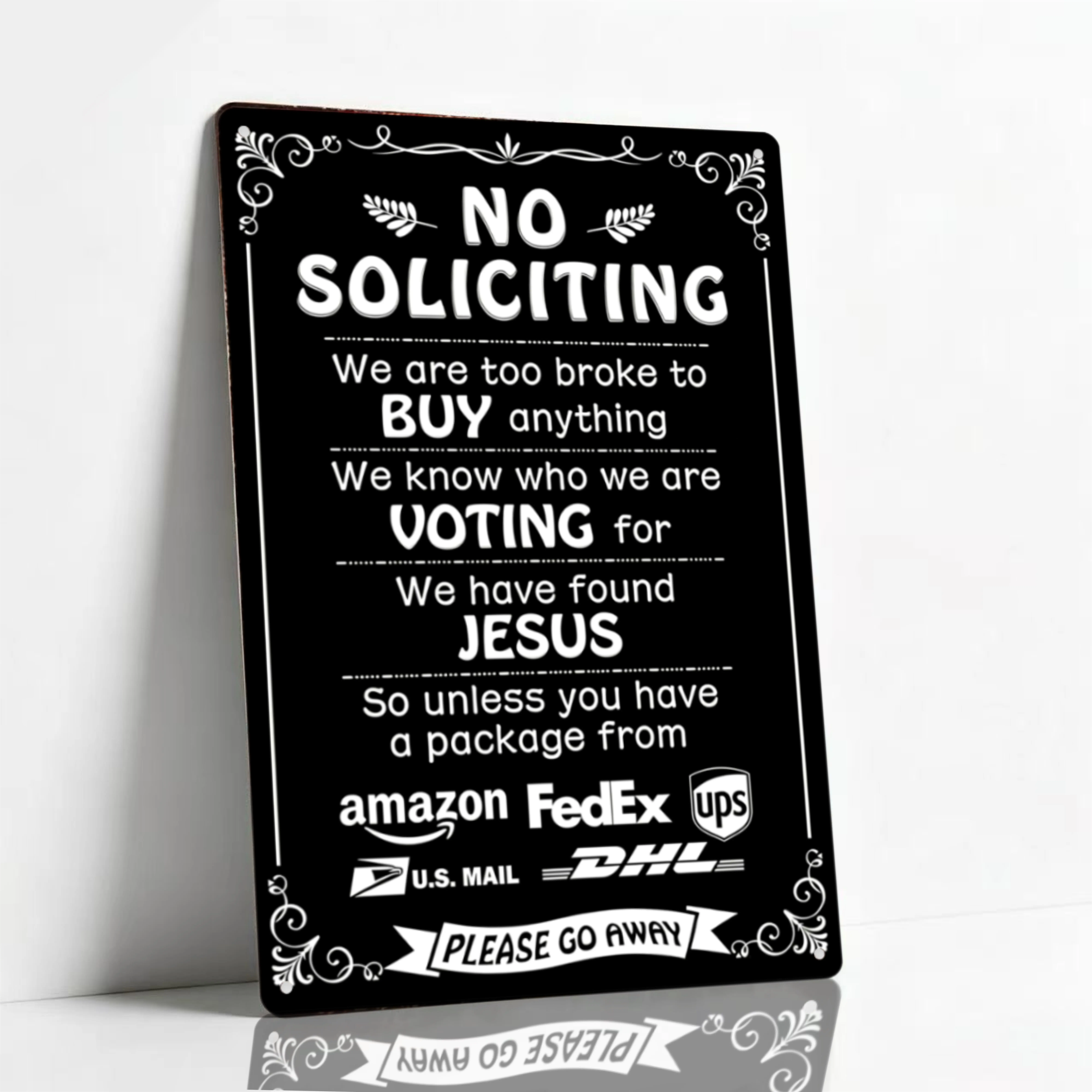 8x12 in Rustic Metal Front Door Plaque, Humorous Christian Home Decor, Salesperson-Deterring Sign, Ideal Religious Neighbor Gift