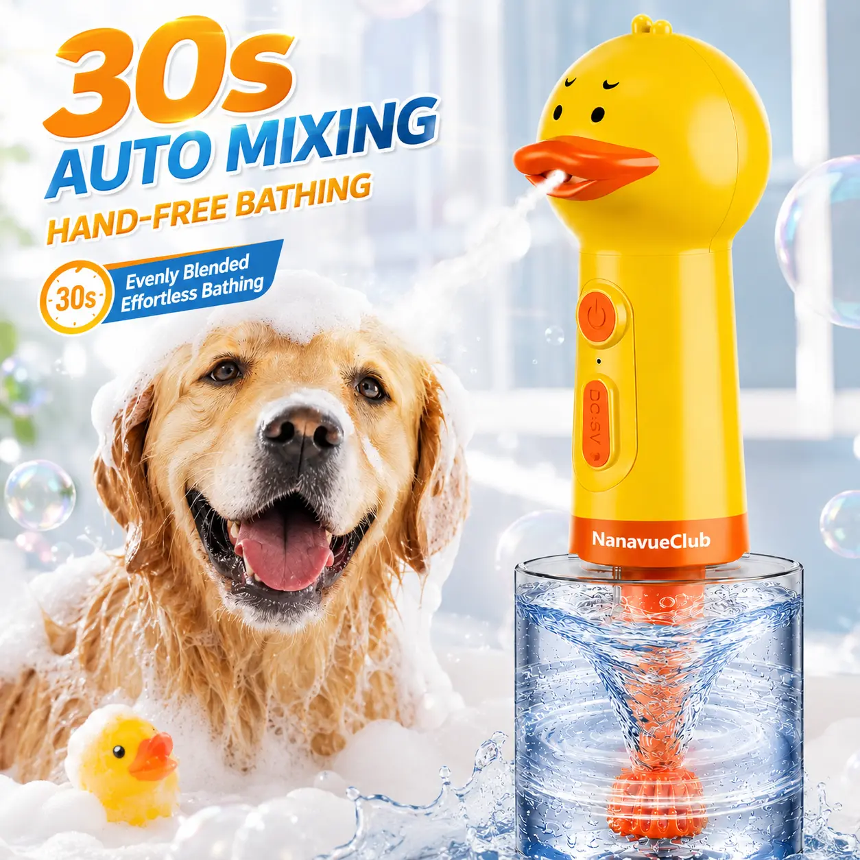 Cute Duck Electric Foam Dispenser for Dogs, No Mess Hands-Free Pet Shampoo Sprayer with Automatic Mixing System, Easy Stress-Free Dog Bath and Grooming Tool