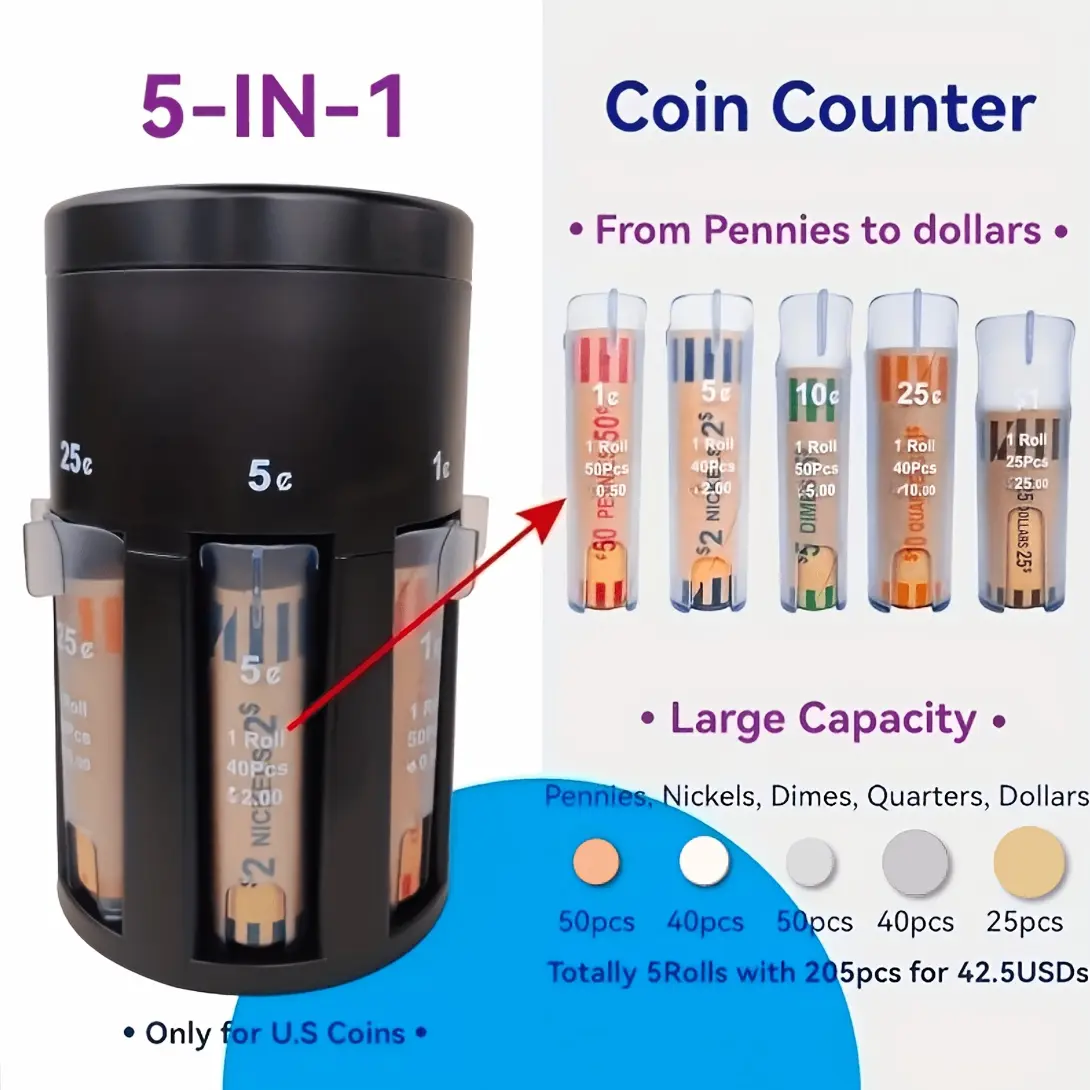 Coin Counter,5-in-1 Coin Counter and Sorter with Rotatable Base |   Heavy-Duty Change & Coin Storage Organizer