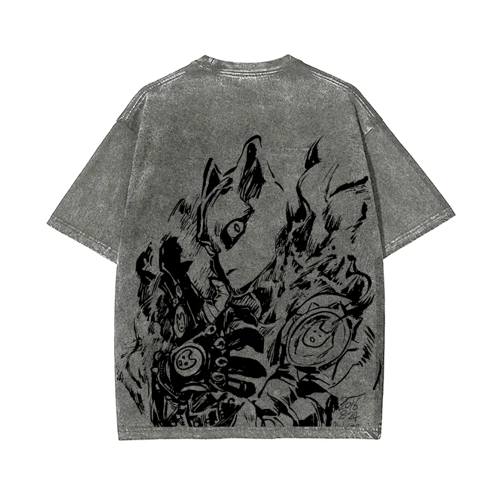 JoJo's Bizarre Adventure "Killer Queen" sketch-style themed washed T-shirt-Short Sleeve Cotton Unisex Retro wash Tee