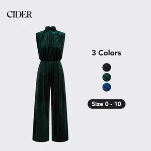 Cider [3 colors, size 0-10] Velvet High Neck Solid Ruched Zipper Wide Leg Jumpsuit SwimWeek