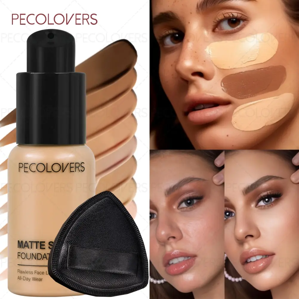 2PCS/Set Matte Liquid Foundation and Puff, Concealer Foundation Hybrid, Non-sticky, Flawless Makeup, Dark Circles Concealer, Even Skin Tone Making Skin Look More Refined and Smooth, Flawless Complexion, Matte Finish, Soft Matte Coverage for All Skin Types