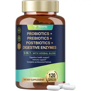 Totaria 5-in-1 Probiotic Prebiotic & Postbiotic for Women Men, 60 Billion CFU 24 Strains w/Digestive Enzymes, Prebiotic Fiber, Slippery Elm, Daily Complete Immune