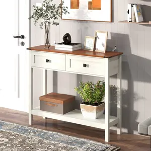 Farmhouse Style Console Table with 2 Drawer and Bottom Storage Shelf for Entryway, Rustic Side Table with Storage Drawer and Shelf for Living room, Hallway