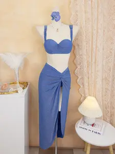 Ocean Dream Blue Elegant Three-Piece Set, Silver Color Fabric Design, Waist Pleated Slit Skirt, High-End Fashion for Women