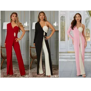 Embellished One Sleeve Jumpsuit with Stones and Pearls for Women - Overalls, Womenswear Elegant Polyester