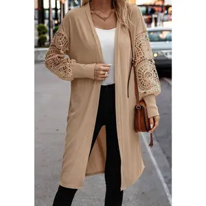 Parchment Lace Patchwork Ribbed Knit Open Front Duster Cardigan