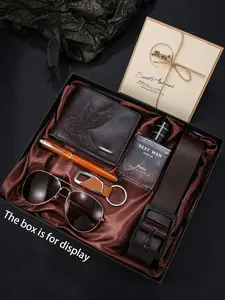 Men's Wallet Gift Box Set, Includes Eagle Embossed Wallet, Keychain, Writing Pen, Perfume, Classic Belt, Pilot Sunglasses, Perfect for Valentine's Day