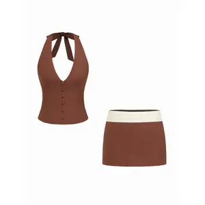 Cider Linen-blend Halter Neck Button Front Top & Mid Rise Colorblock A-line Mini Skirt Set